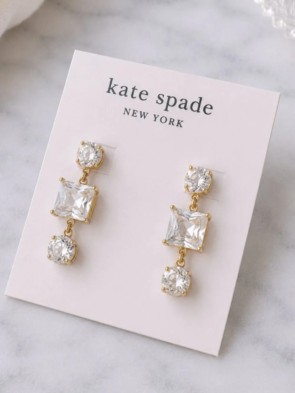 Kate Spade Crystal Drop Earrings Gold Clear CZ Statement Dangle Earrings